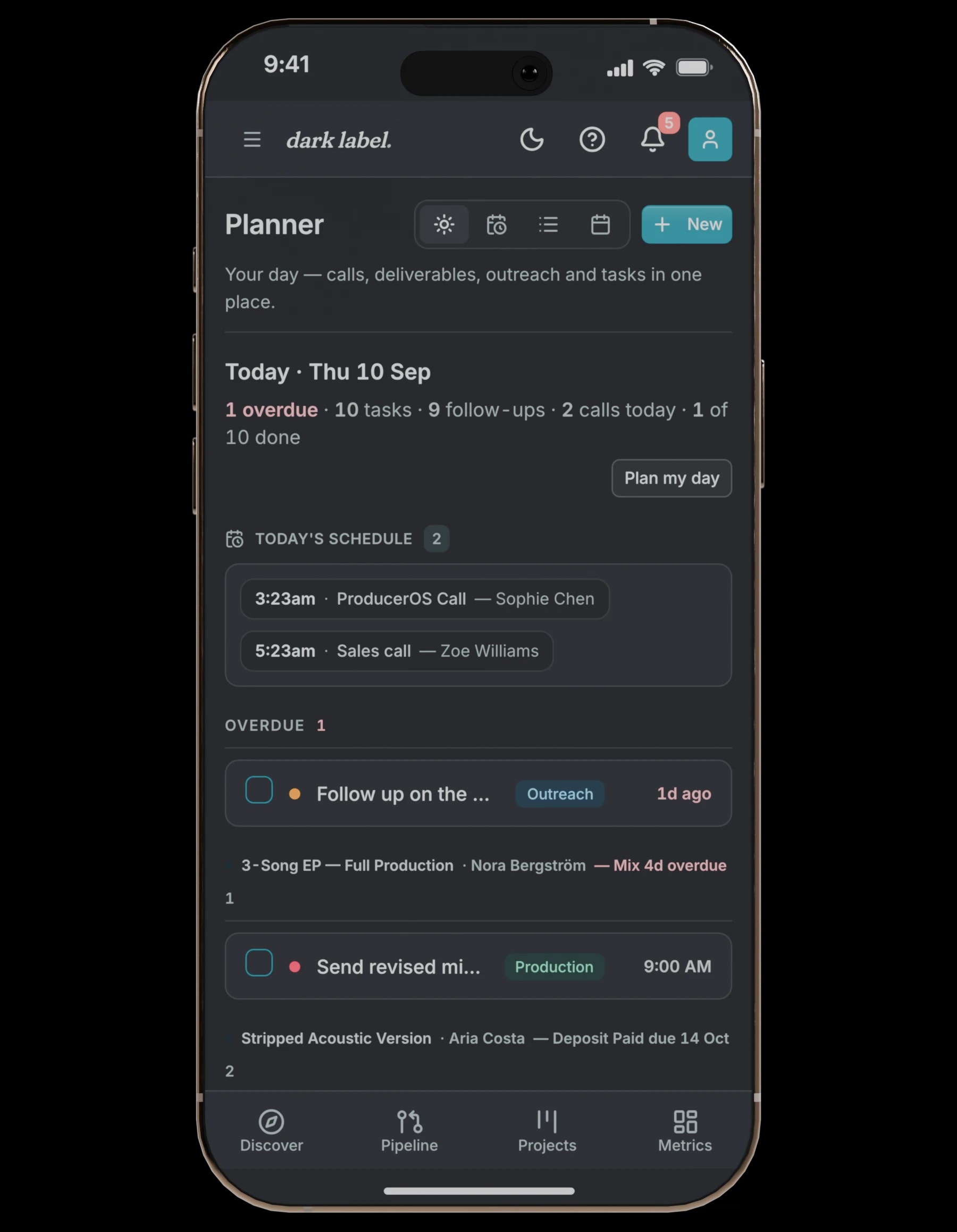 An iPhone showing the planner at phone size, overdue items first.
