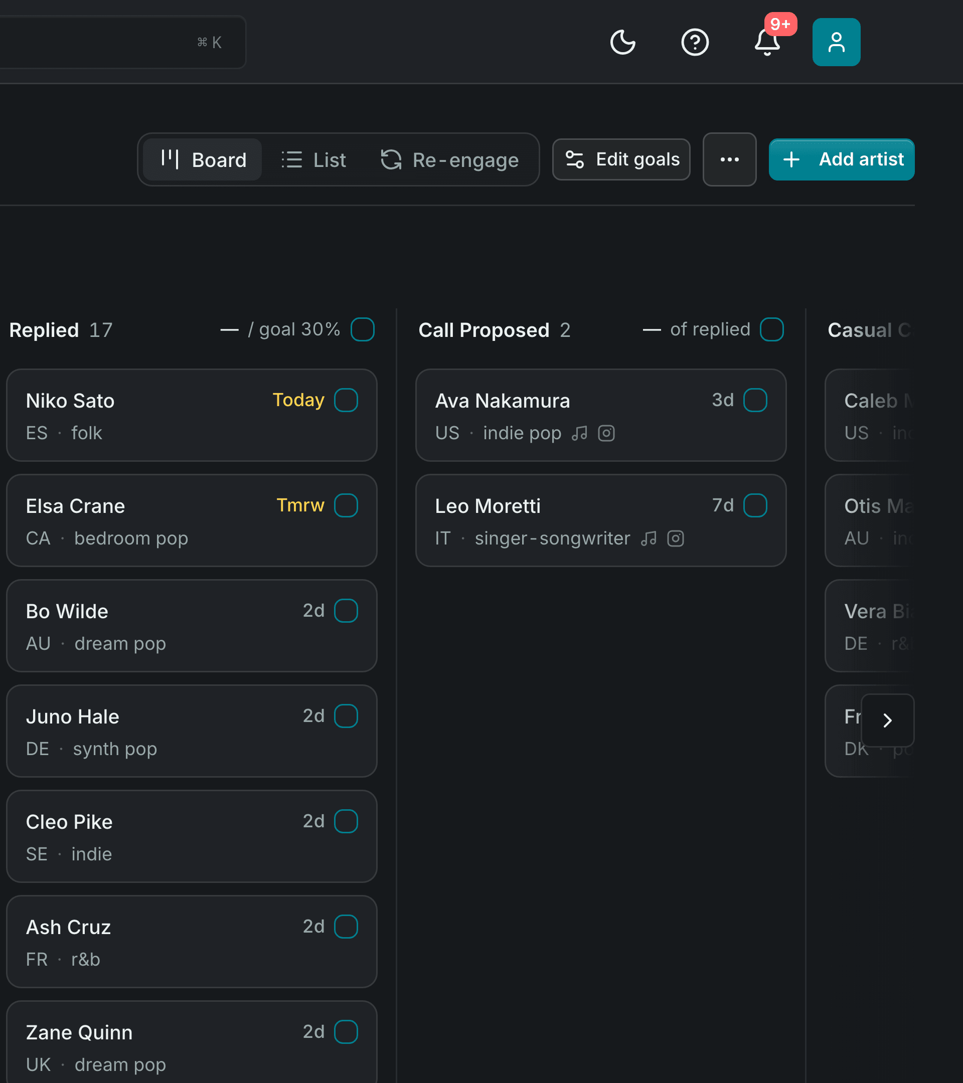 The right half of the same board in dark mode: the Replied and Call Proposed columns, continuing the same row of cards.