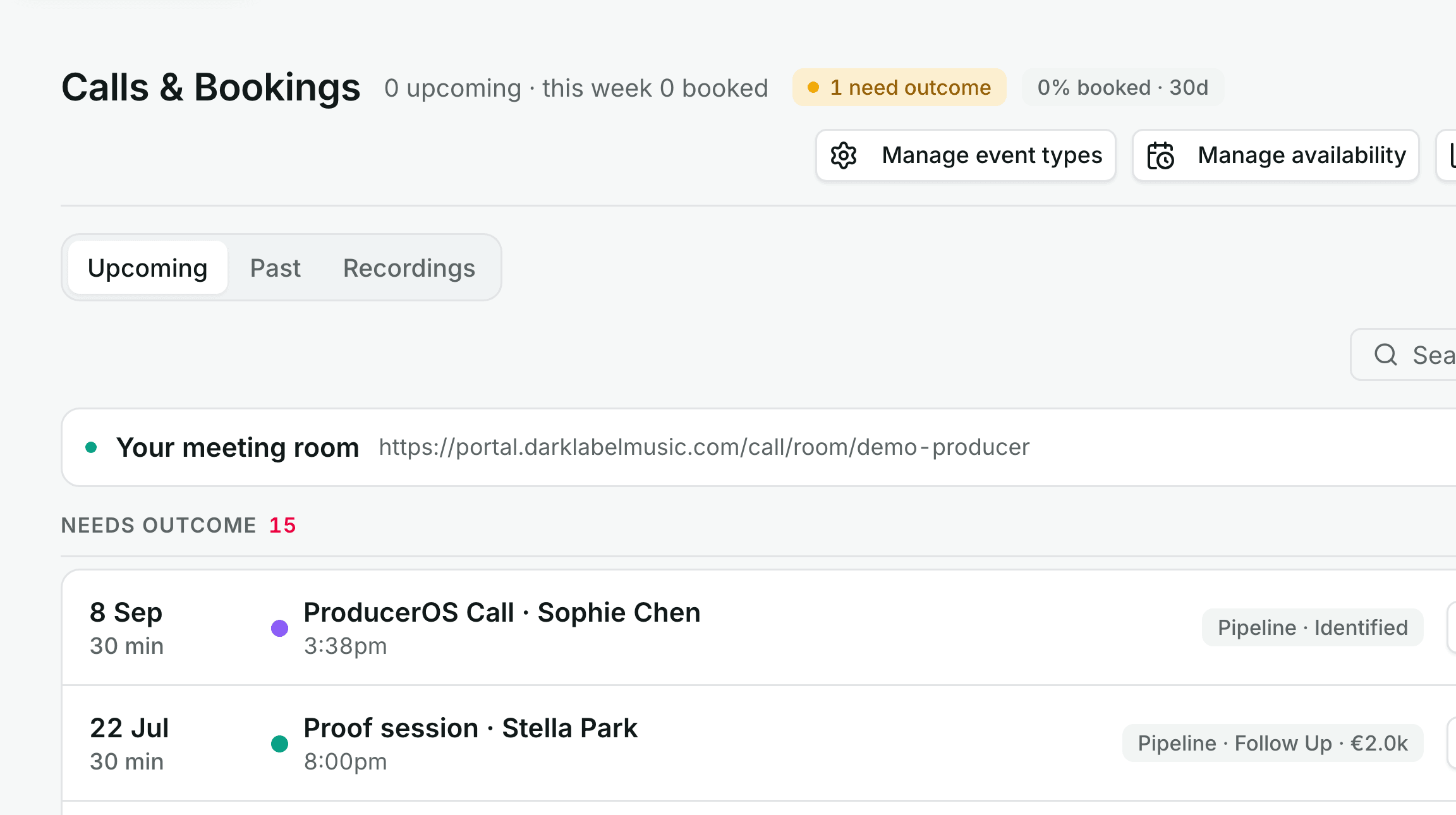 A queue of sessions waiting on an outcome, each with its date, length, deal stage and value, above the ones already logged.